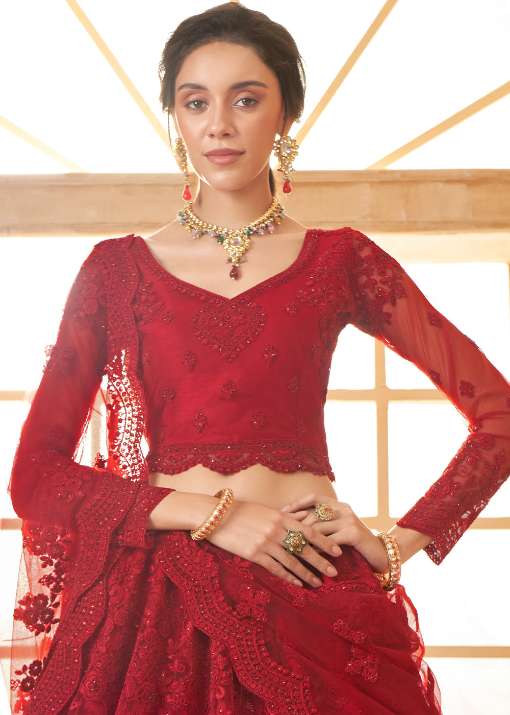 Scarlet Red Embroidered Lehenga Choli with Stone Work and Cording Details