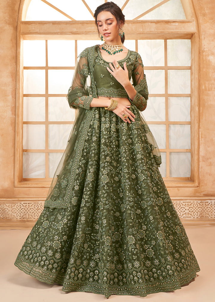 Seaweed Green Embroidered Lehenga Choli with Stone Work and Cording Details