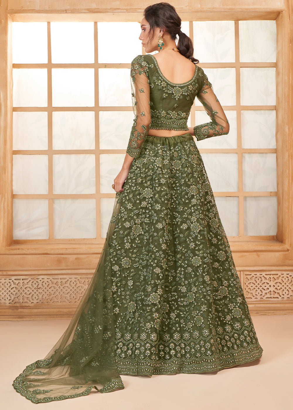 Seaweed Green Embroidered Lehenga Choli with Stone Work and Cording Details