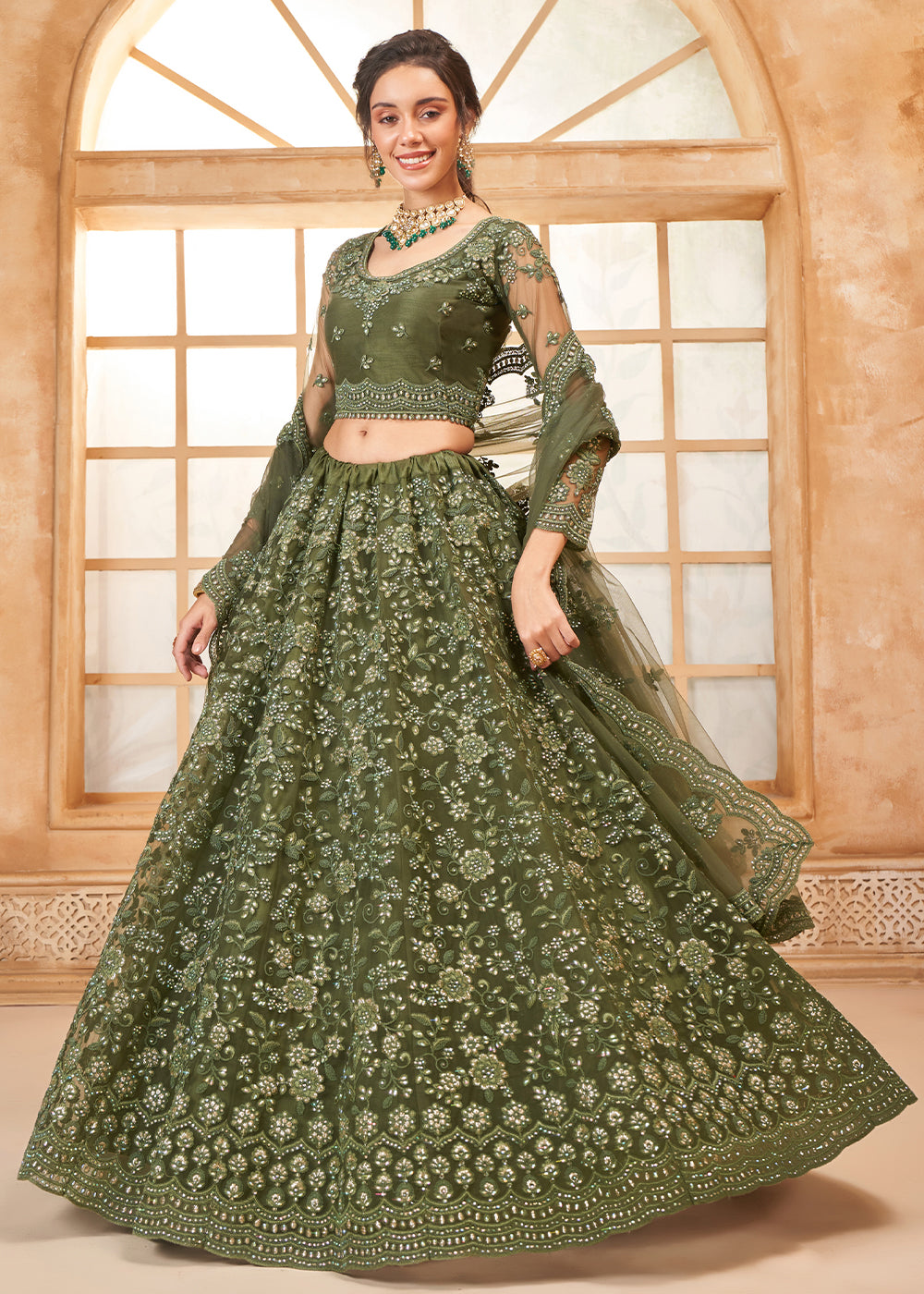 Seaweed Green Embroidered Lehenga Choli with Stone Work and Cording Details