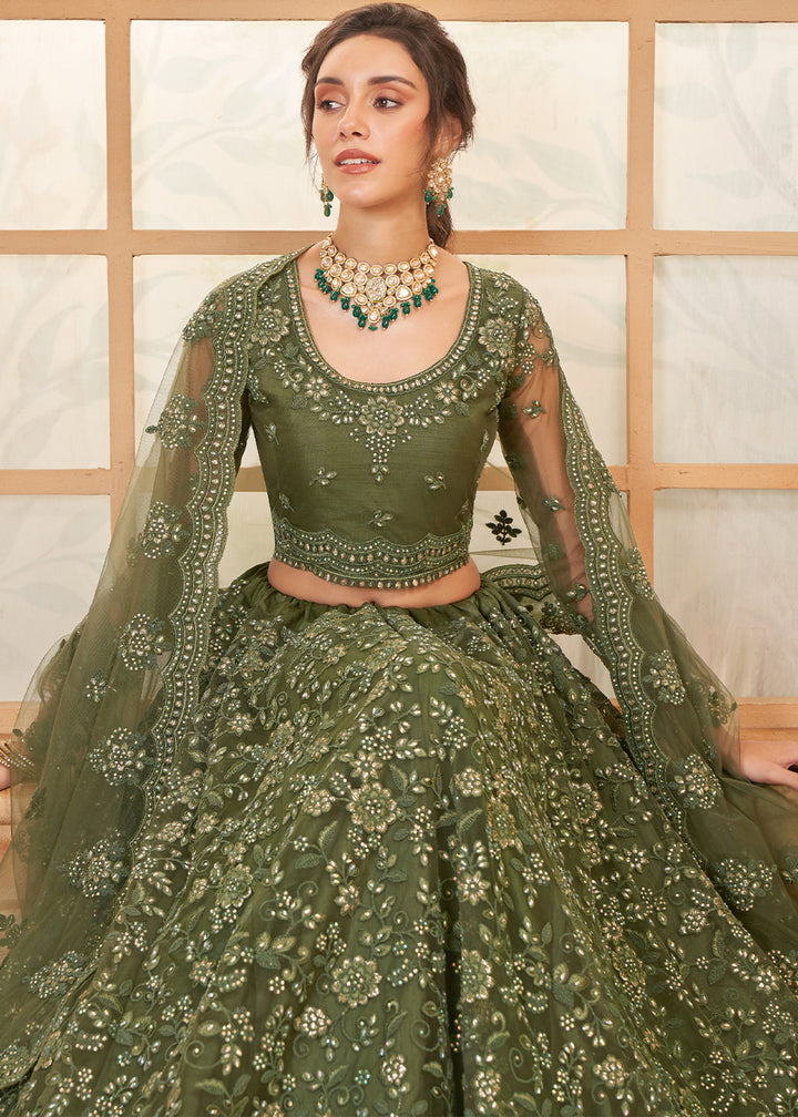 Seaweed Green Embroidered Lehenga Choli with Stone Work and Cording Details