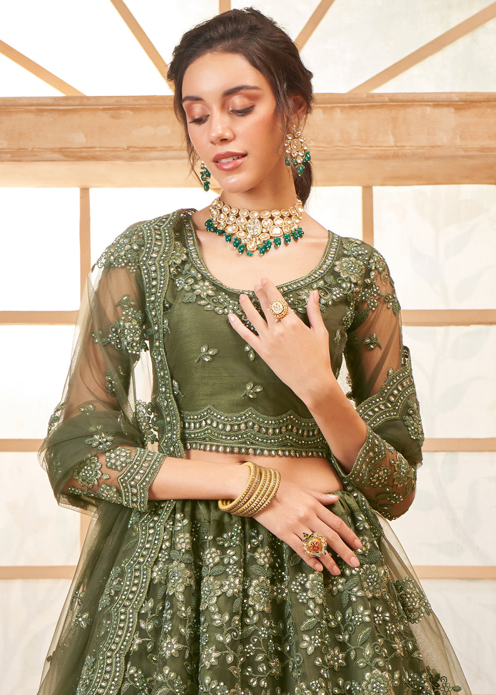 Seaweed Green Embroidered Lehenga Choli with Stone Work and Cording Details