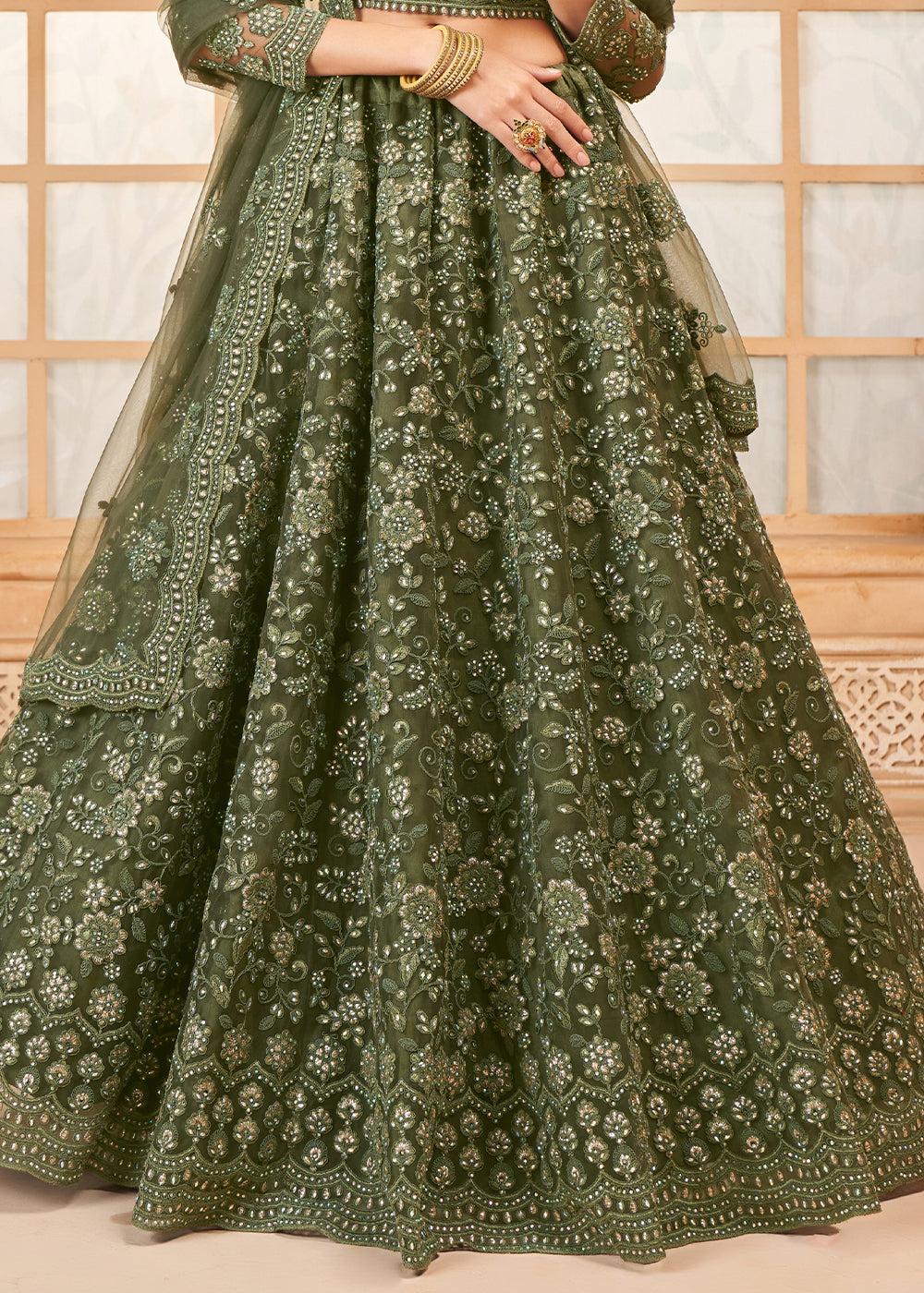 Seaweed Green Embroidered Lehenga Choli with Stone Work and Cording Details