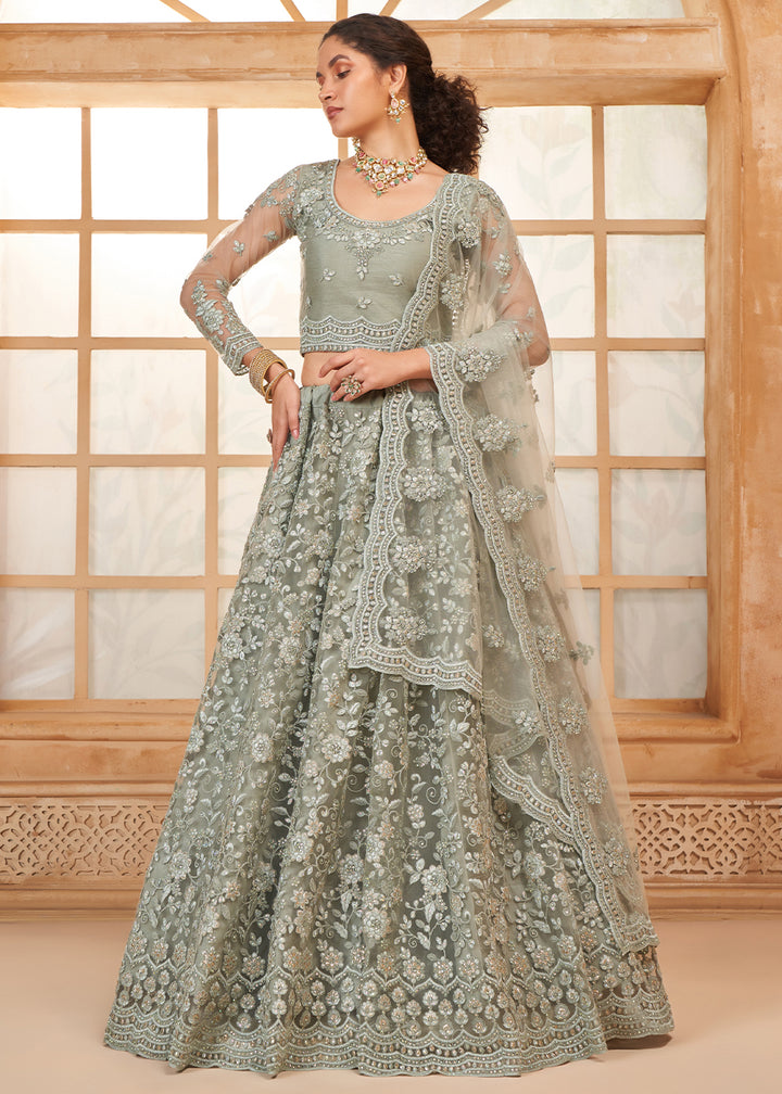 Trout Grey Embroidered Lehenga Choli with Stone Work and Cording Details