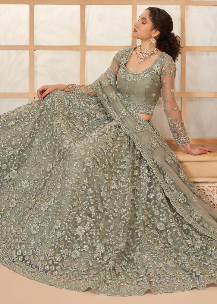 Trout Grey Embroidered Lehenga Choli with Stone Work and Cording Details