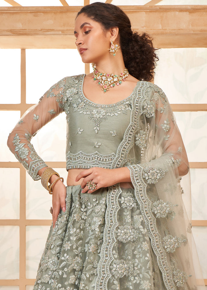 Trout Grey Embroidered Lehenga Choli with Stone Work and Cording Details