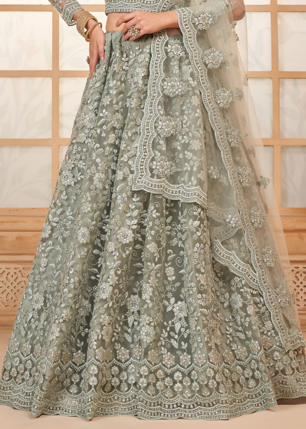 Trout Grey Embroidered Lehenga Choli with Stone Work and Cording Details