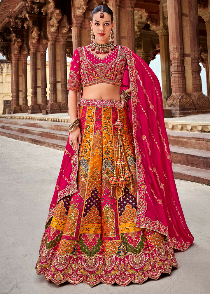 Pink & Yellow Banarasi Silk Lehenga Choli with Zarkan, Sequins & Thread Work