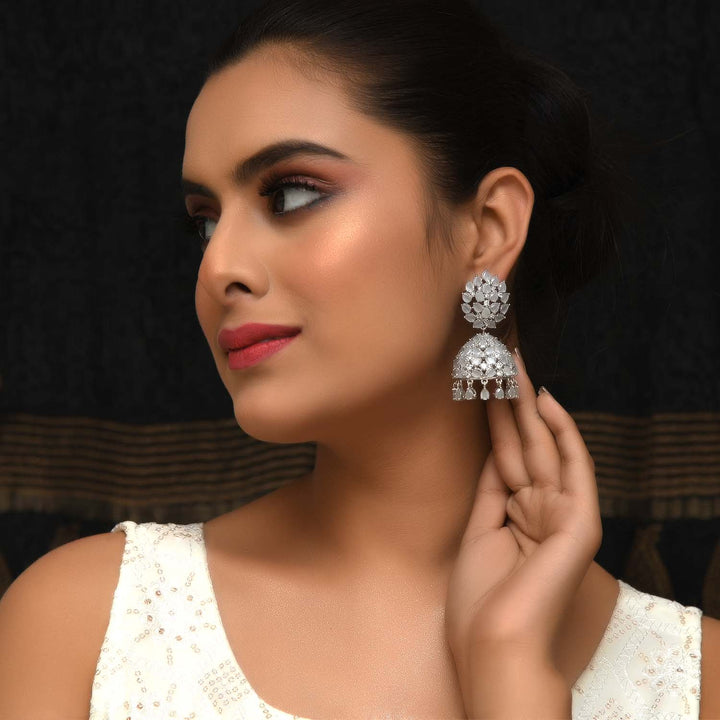 Jigna Light Grey Silver Plated American Diamond Jhumki