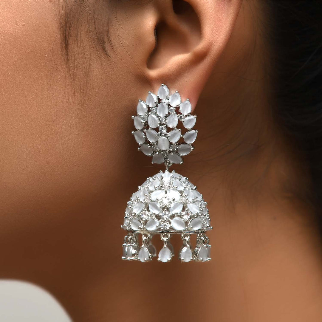 Jigna Light Grey Silver Plated American Diamond Jhumki