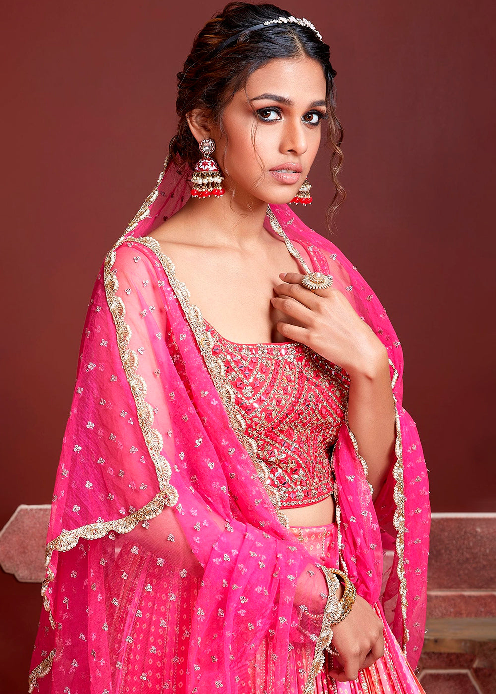 Hot Pink Digital Printed Chinon Silk Lehenga & Heavy Embroidery with Mirror work