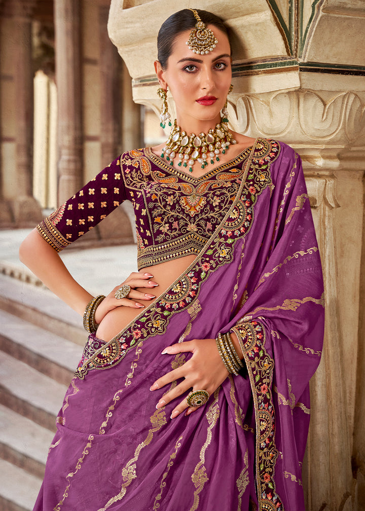 Shades Of Purple Banarasi Silk Lehenga Choli with Zarkan, Sequins & Thread Work