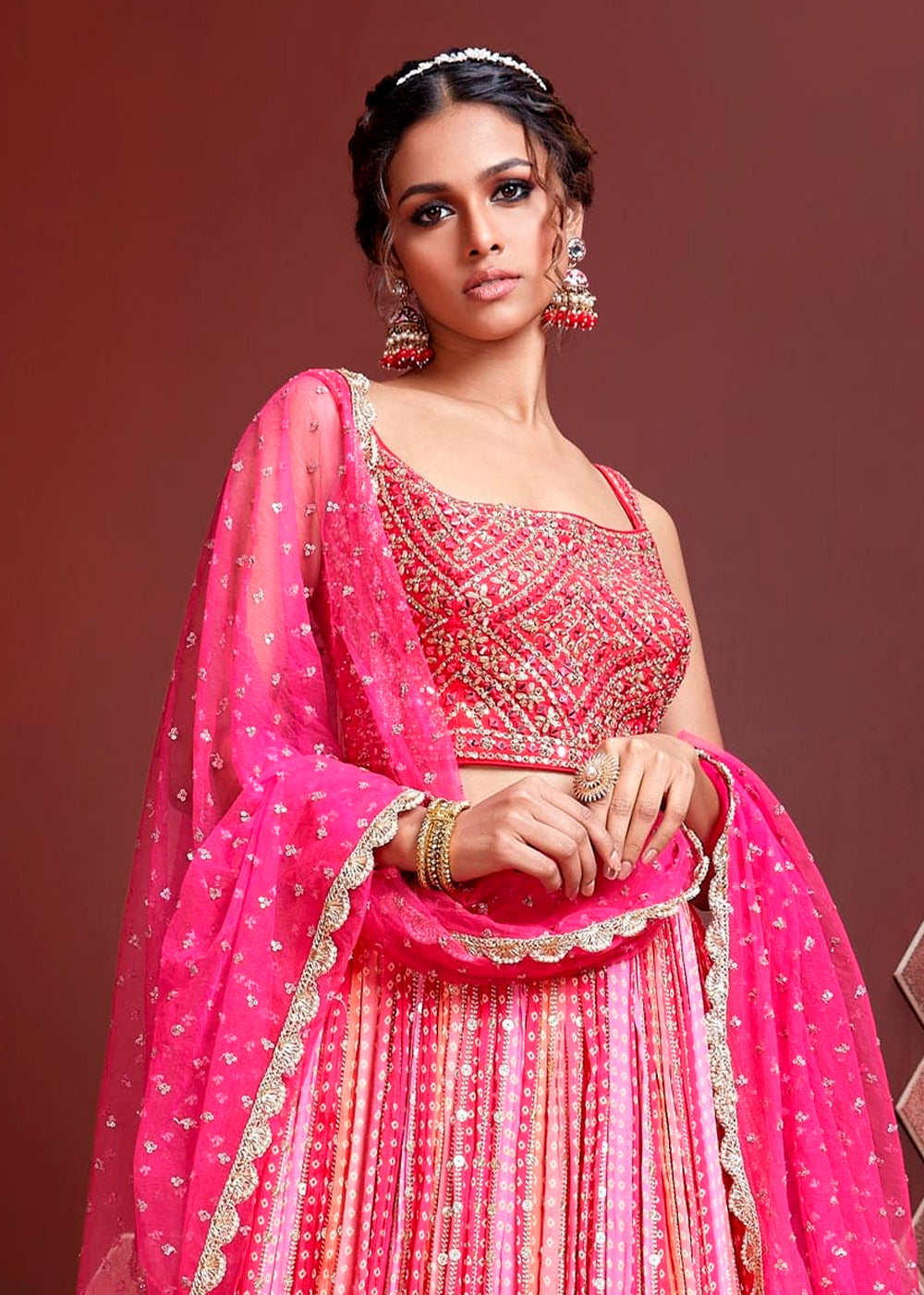 Hot Pink Digital Printed Chinon Silk Lehenga & Heavy Embroidery with Mirror work