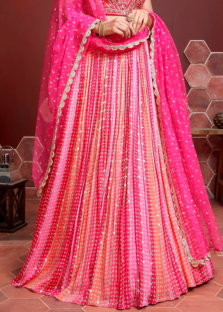 Hot Pink Digital Printed Chinon Silk Lehenga & Heavy Embroidery with Mirror work