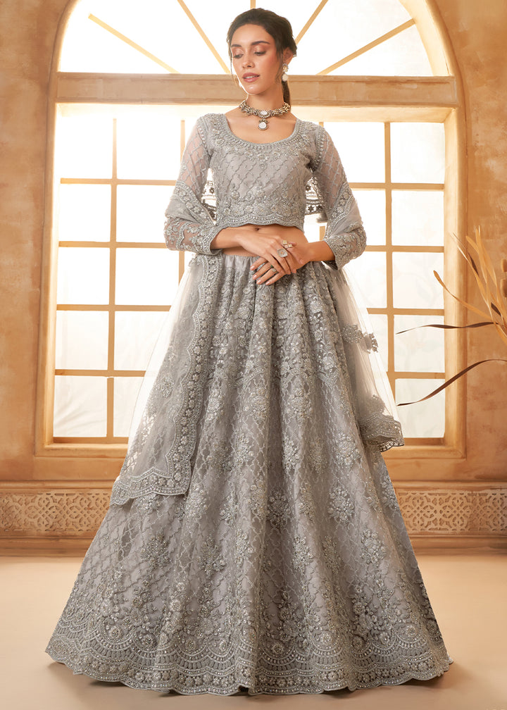 Dolphin Grey Embroidered Lehenga Choli with Stone Work and Cording Details