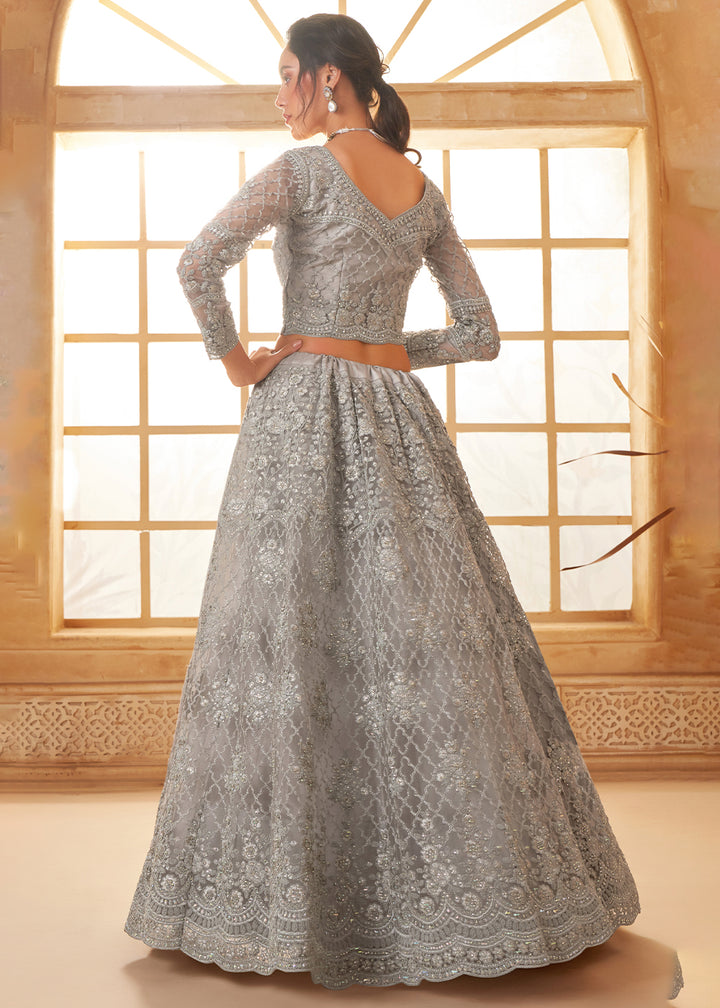 Dolphin Grey Embroidered Lehenga Choli with Stone Work and Cording Details