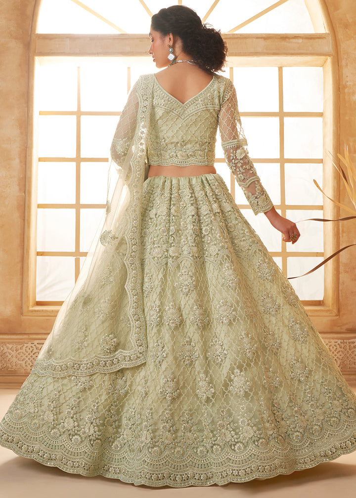 Tea Green Embroidered Lehenga Choli with Stone Work and Cording Details