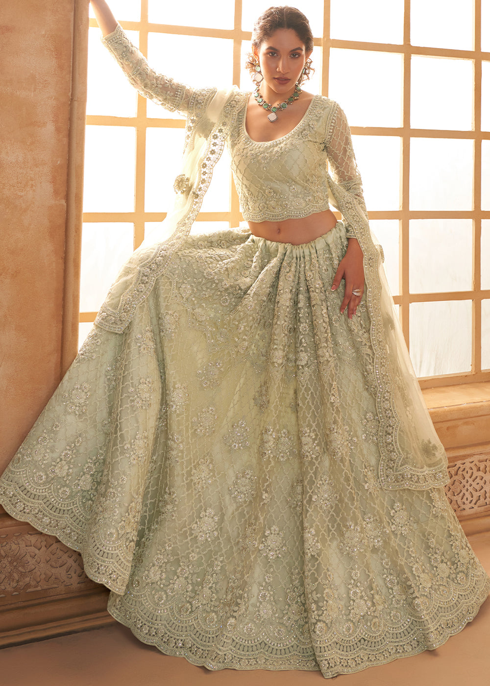 Tea Green Embroidered Lehenga Choli with Stone Work and Cording Details