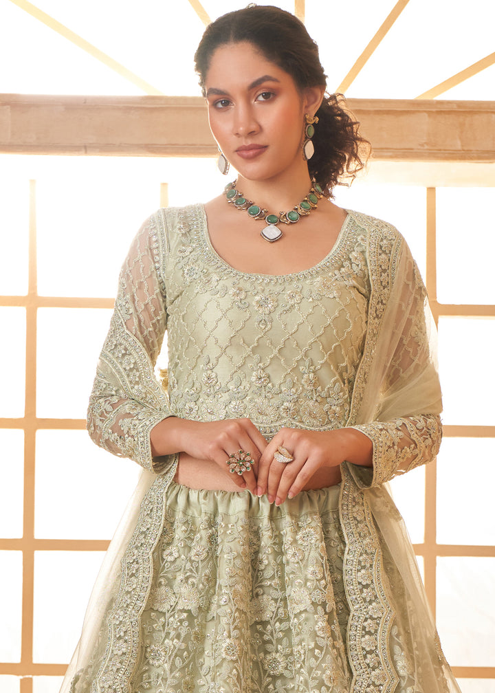 Tea Green Embroidered Lehenga Choli with Stone Work and Cording Details