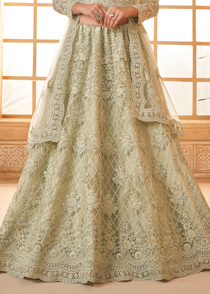 Tea Green Embroidered Lehenga Choli with Stone Work and Cording Details