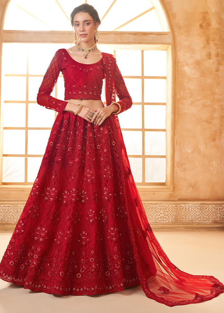 Bridal Red Embroidered Lehenga Choli with Stone Work and Cording Details