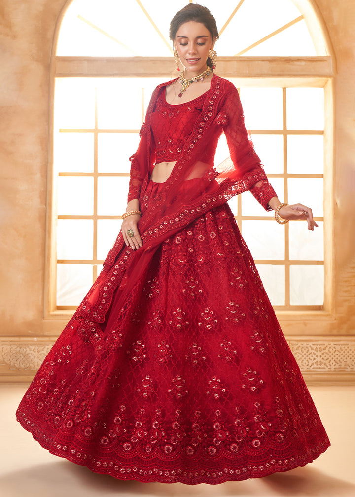 Bridal Red Embroidered Lehenga Choli with Stone Work and Cording Details