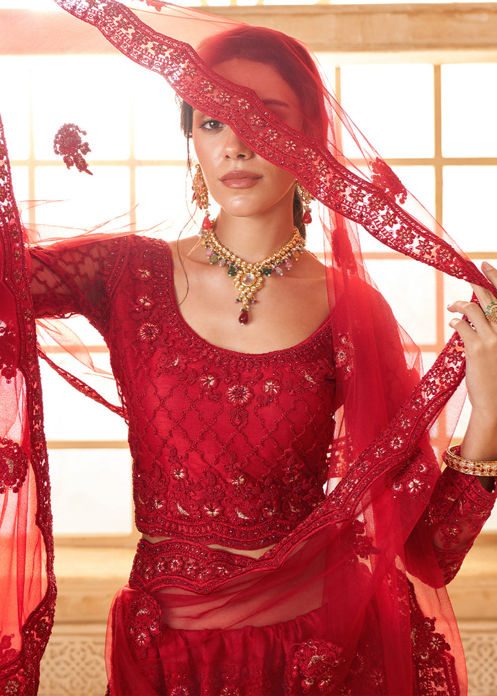 Bridal Red Embroidered Lehenga Choli with Stone Work and Cording Details