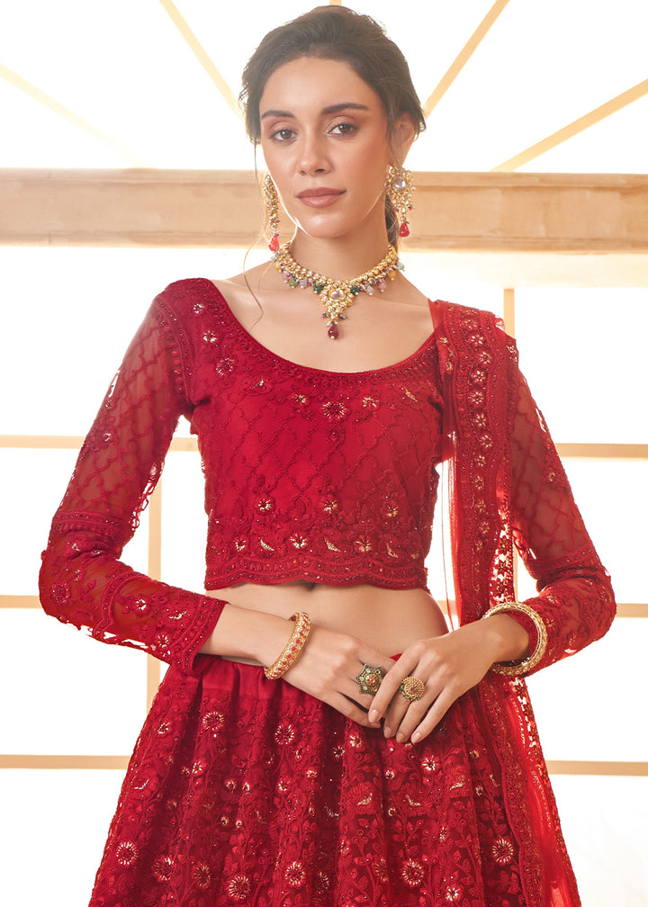 Bridal Red Embroidered Lehenga Choli with Stone Work and Cording Details