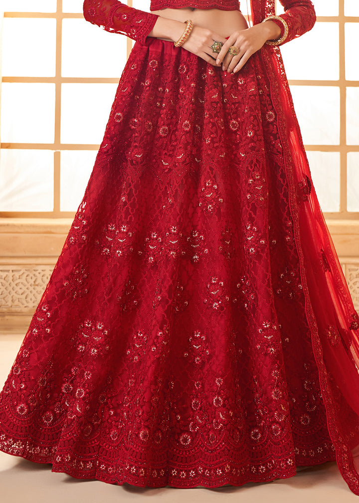 Bridal Red Embroidered Lehenga Choli with Stone Work and Cording Details