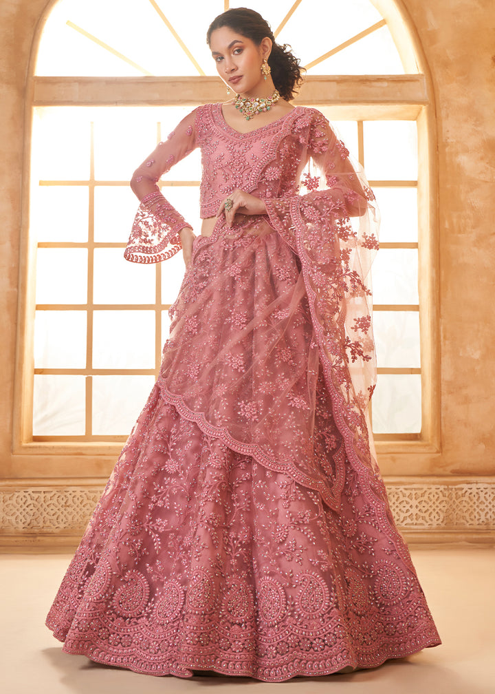 Puce Pink Embroidered Lehenga Choli with Stone Work and Cording Details