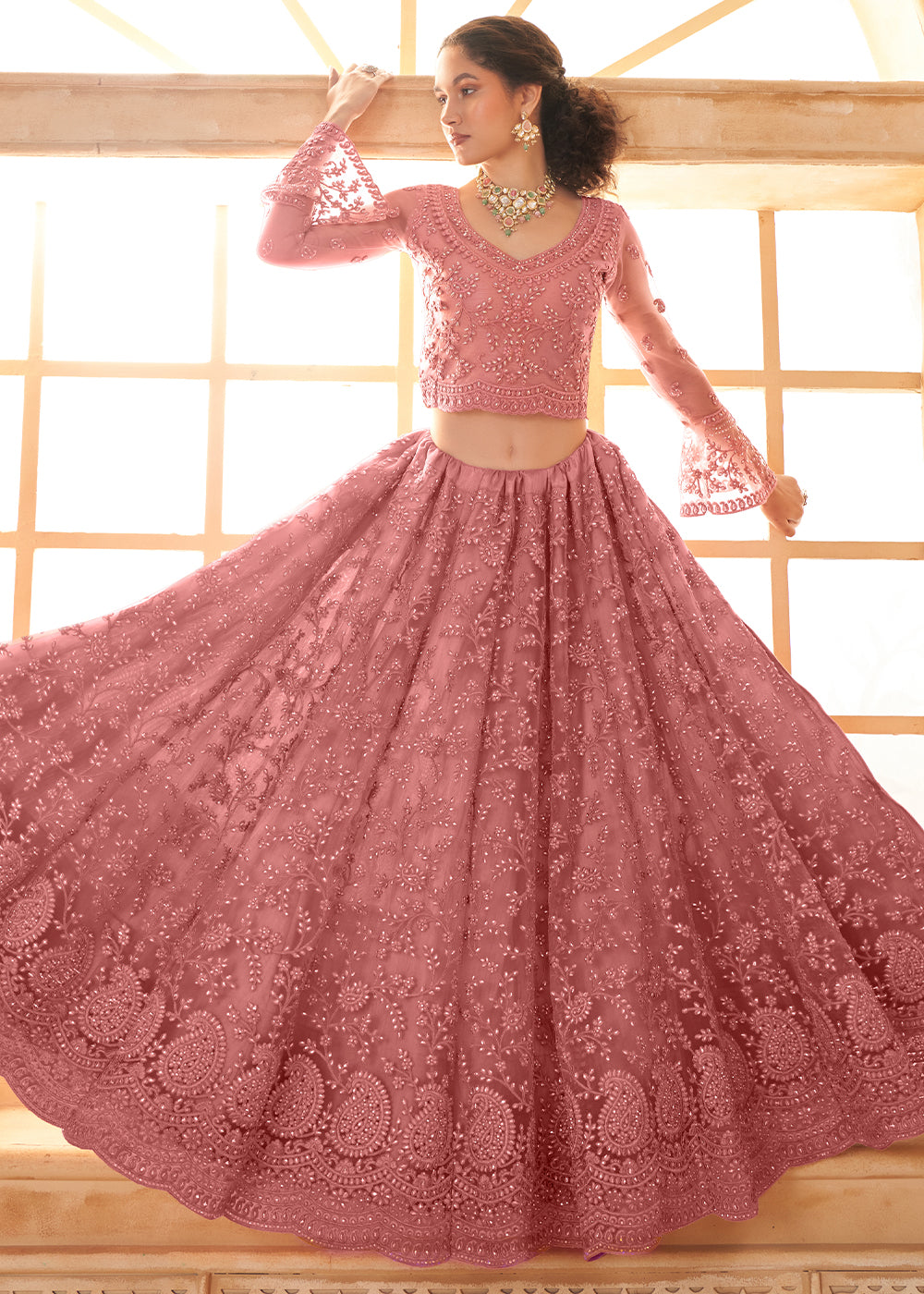 Puce Pink Embroidered Lehenga Choli with Stone Work and Cording Details