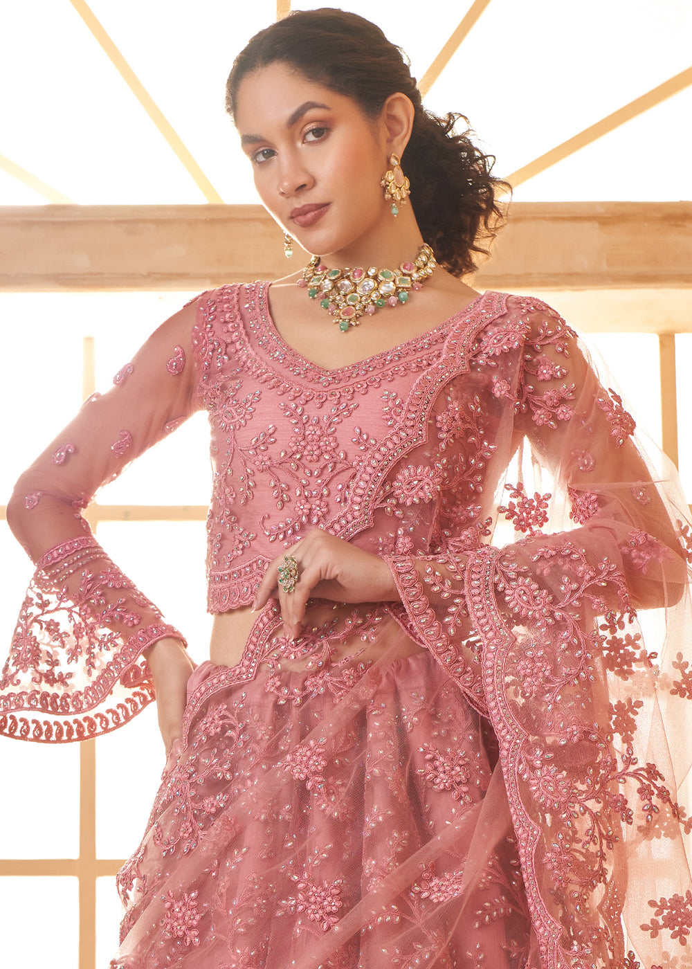 Puce Pink Embroidered Lehenga Choli with Stone Work and Cording Details