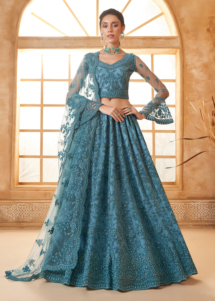 Cobalt Blue Embroidered Lehenga Choli with Stone Work and Cording Details