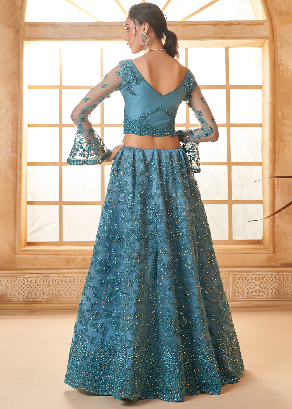 Cobalt Blue Embroidered Lehenga Choli with Stone Work and Cording Details