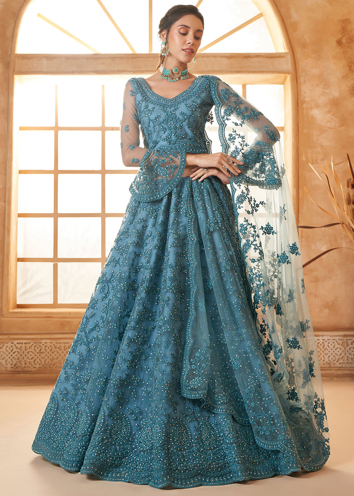 Cobalt Blue Embroidered Lehenga Choli with Stone Work and Cording Details