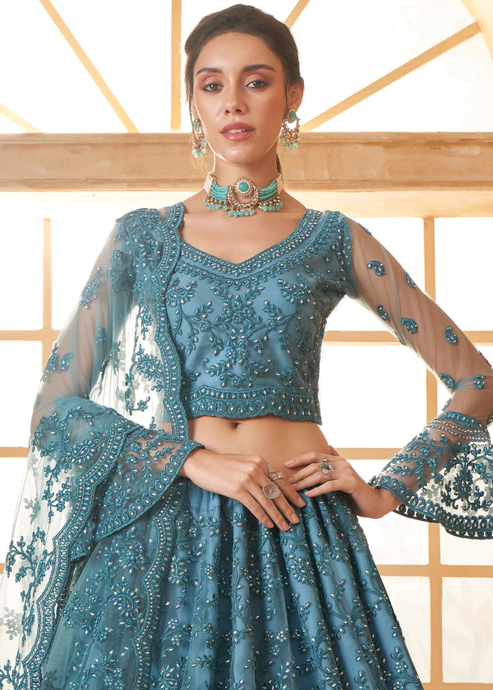 Cobalt Blue Embroidered Lehenga Choli with Stone Work and Cording Details