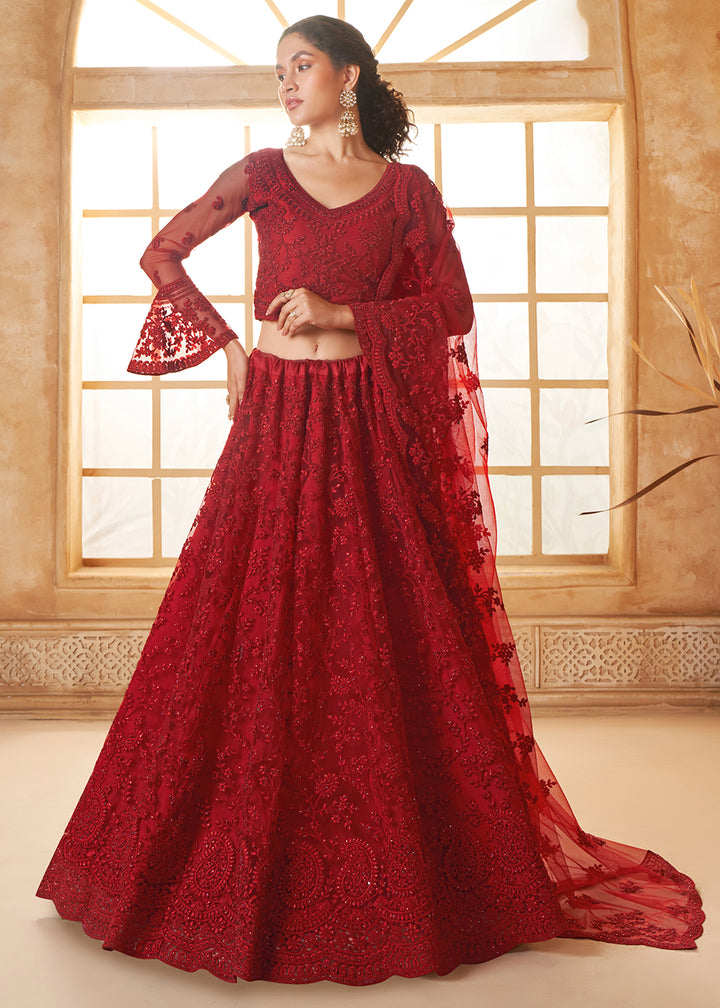 Currant Red Embroidered Lehenga Choli with Stone Work and Cording Details