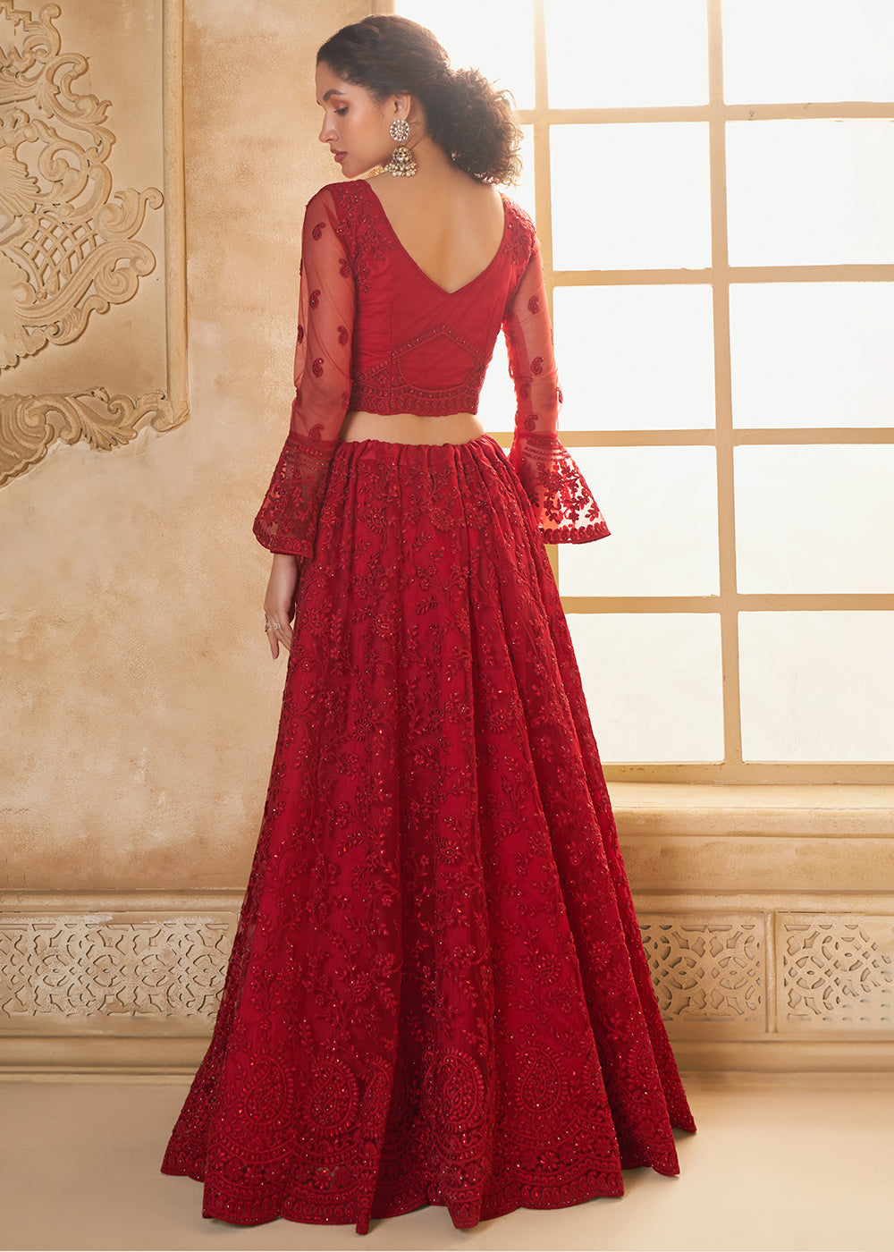 Currant Red Embroidered Lehenga Choli with Stone Work and Cording Details