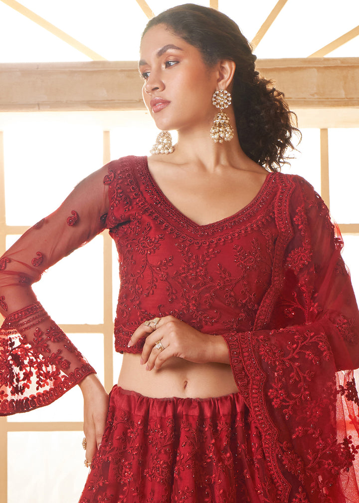 Currant Red Embroidered Lehenga Choli with Stone Work and Cording Details