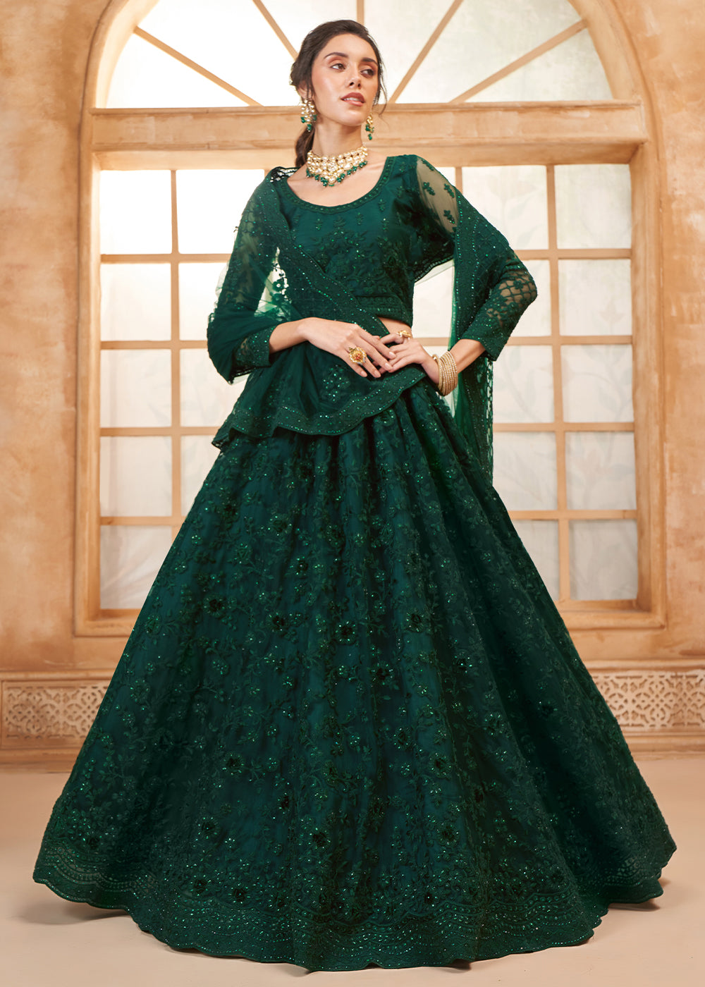 Sacramento Green Embroidered Lehenga Choli with Stone Work and Cording Details