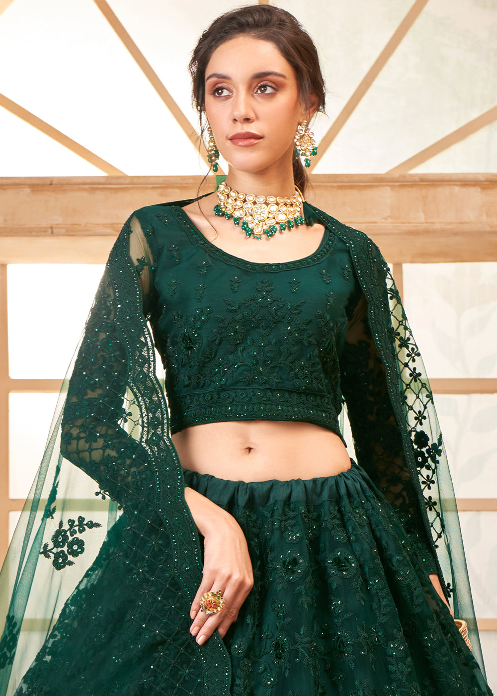 Sacramento Green Embroidered Lehenga Choli with Stone Work and Cording Details