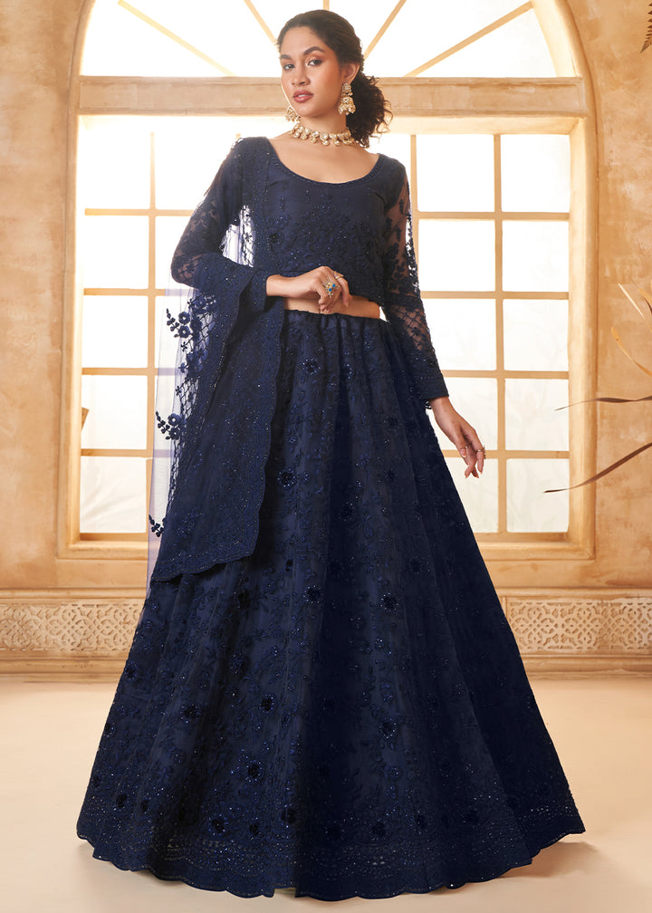 Berry Blue Embroidered Lehenga Choli with Stone Work and Cording Details