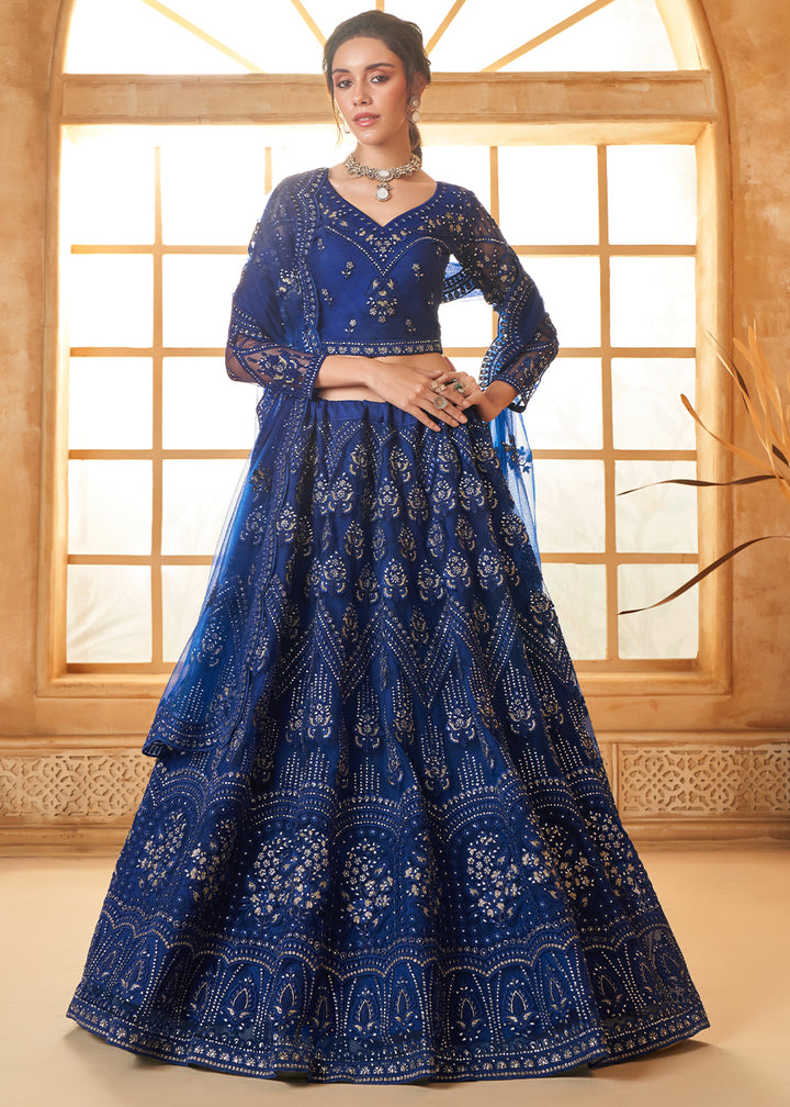 Navy Blue Embroidered Lehenga Choli with Stone Work and Cording Details