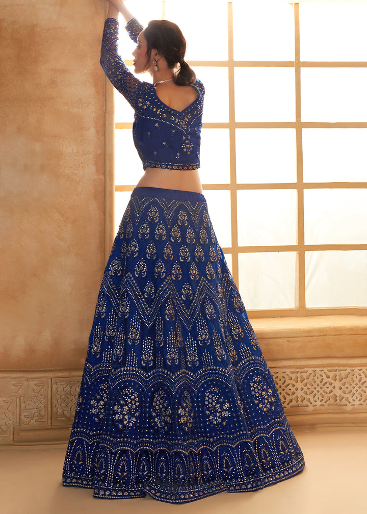 Navy Blue Embroidered Lehenga Choli with Stone Work and Cording Details