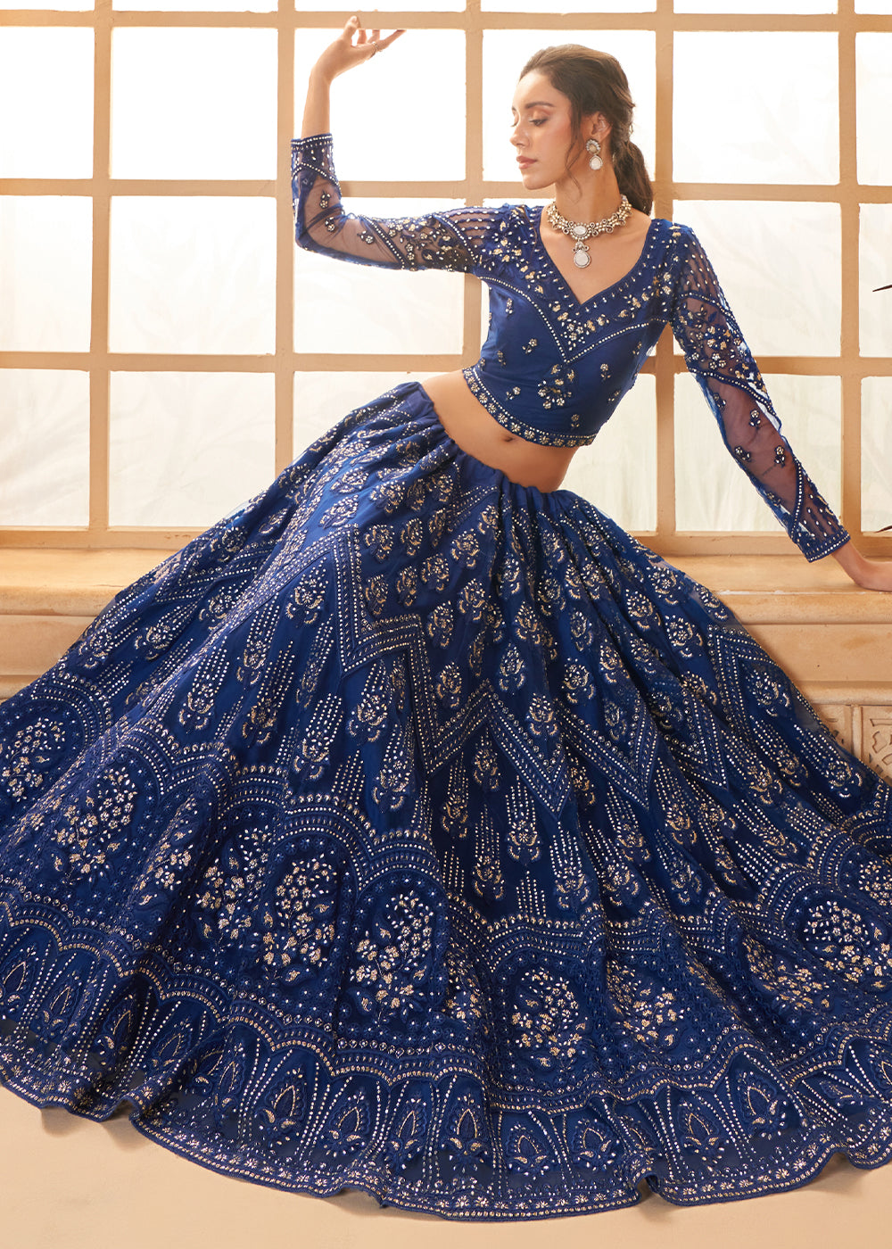 Navy Blue Embroidered Lehenga Choli with Stone Work and Cording Details