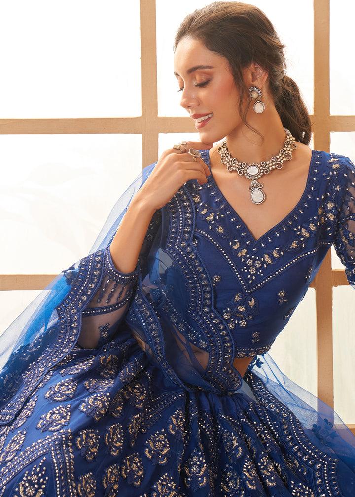 Navy Blue Embroidered Lehenga Choli with Stone Work and Cording Details