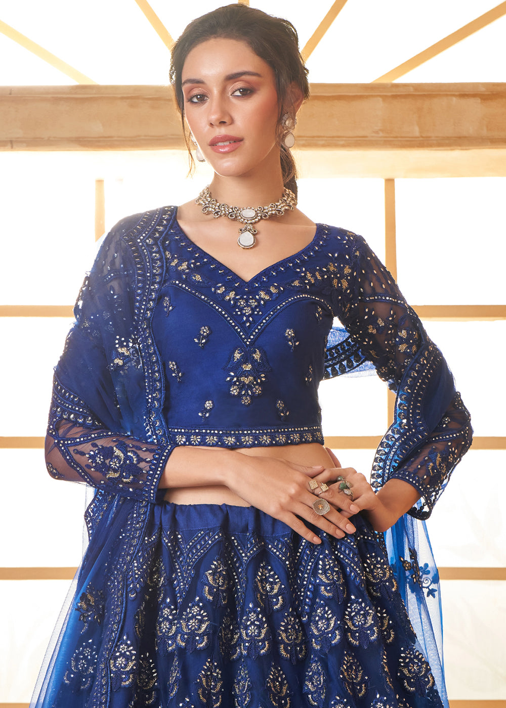 Navy Blue Embroidered Lehenga Choli with Stone Work and Cording Details