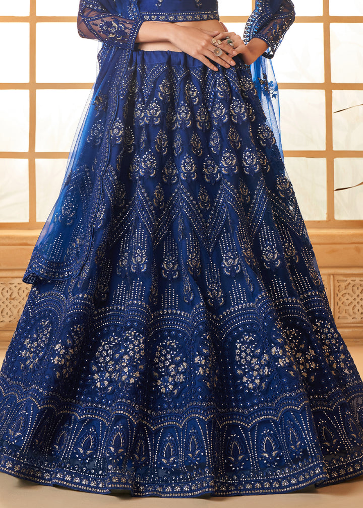 Navy Blue Embroidered Lehenga Choli with Stone Work and Cording Details