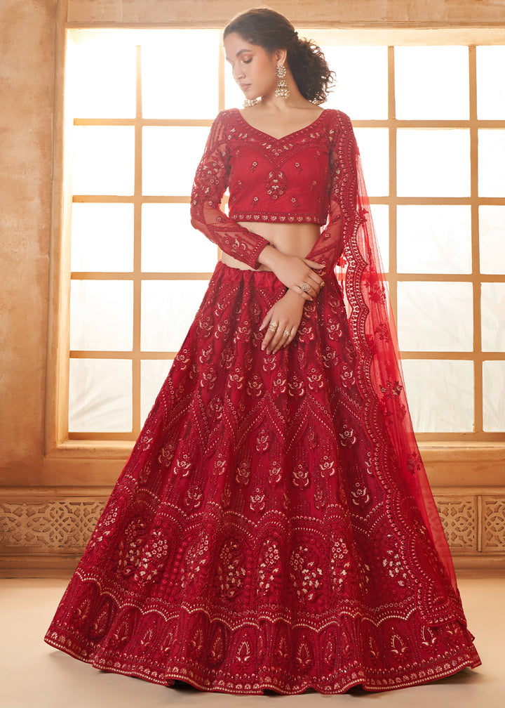 Berry Red Embroidered Lehenga Choli with Stone Work and Cording Details