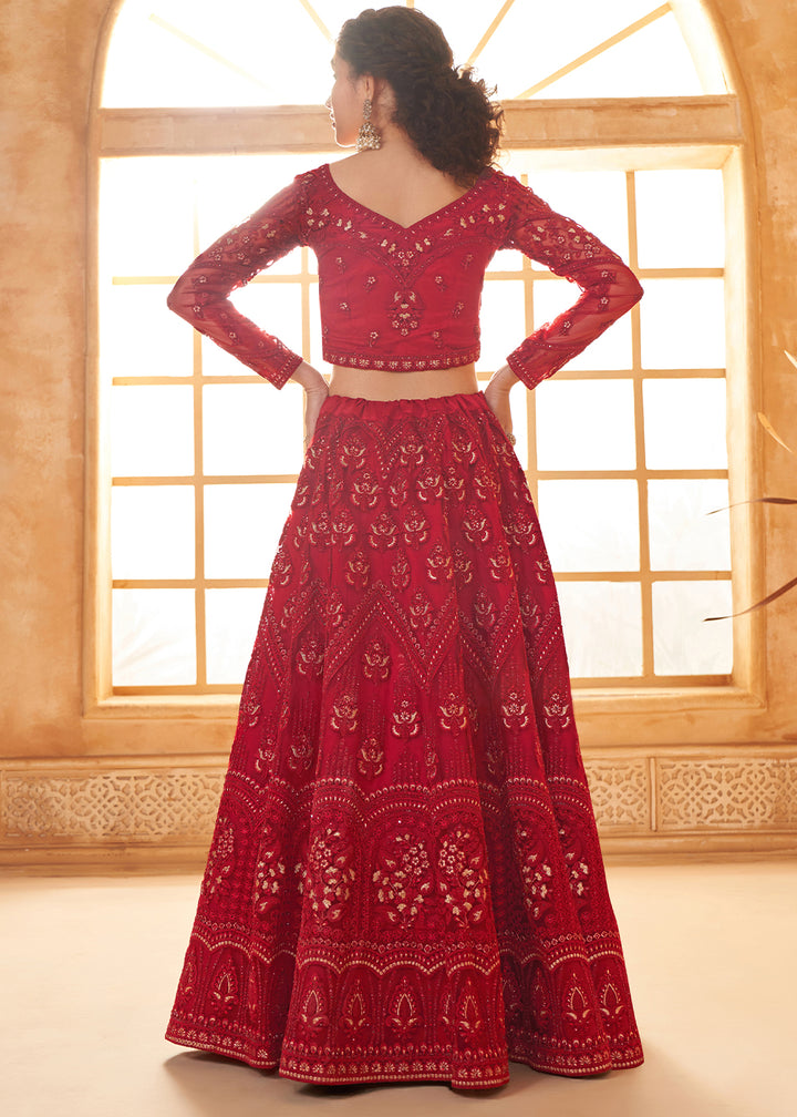 Berry Red Embroidered Lehenga Choli with Stone Work and Cording Details